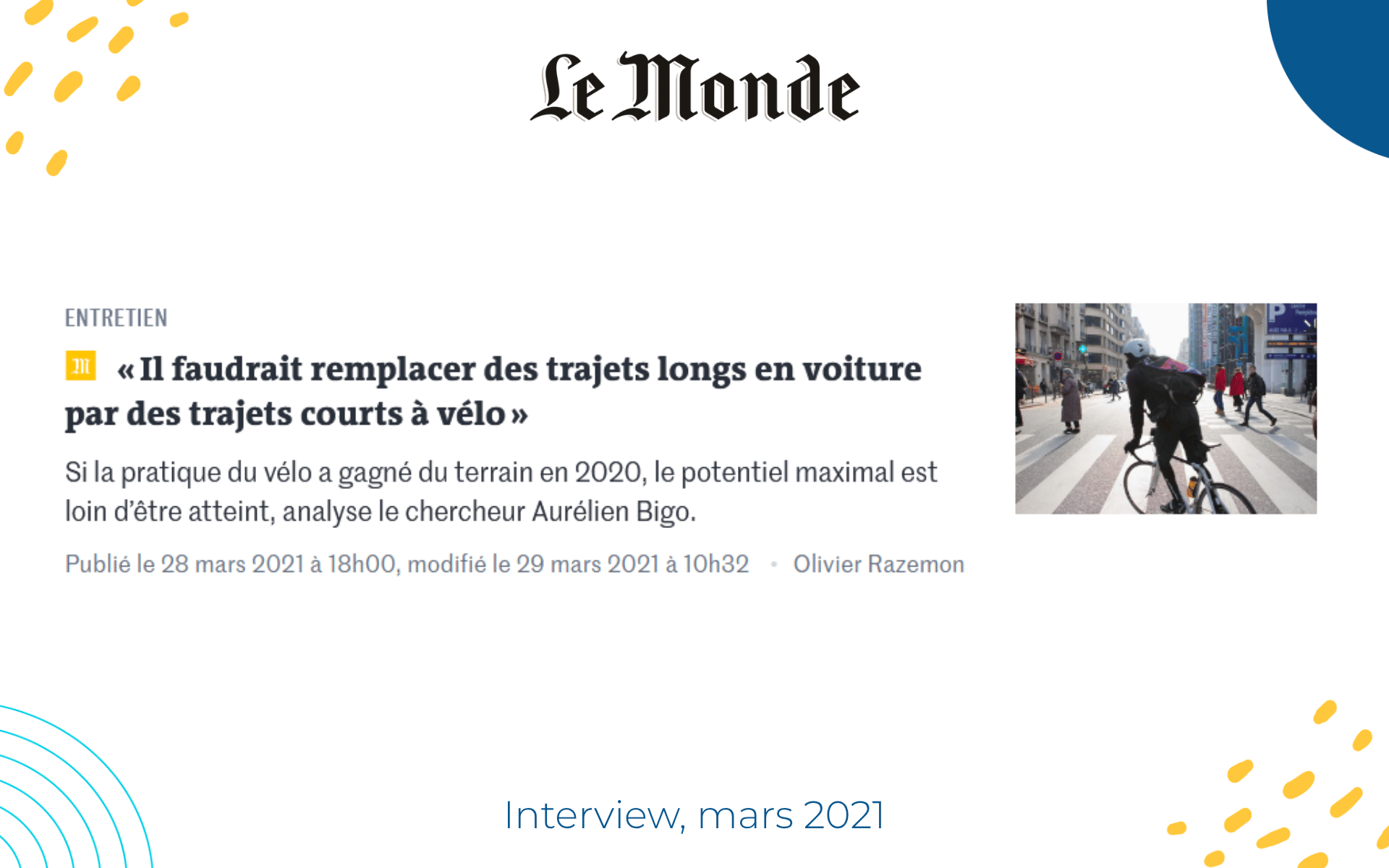 Le potentiel du vélo dans la transition : interview Le Monde