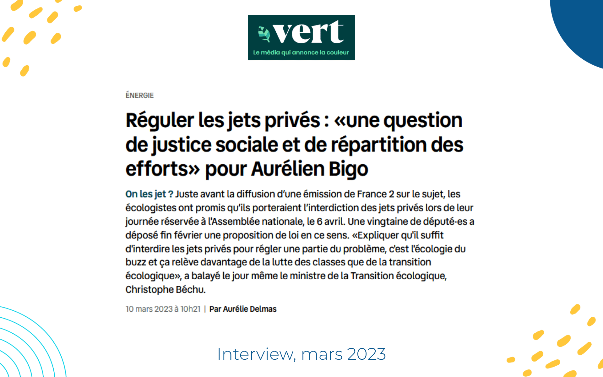 Interview Vert le média : Réguler les jets privés : «une question de justice sociale et de répartition des efforts»