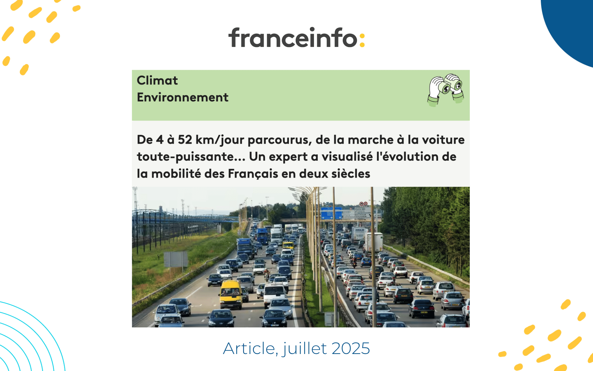 Article France info : De 4 à 52 km/jour parcourus, de la marche à la voiture toute-puissante… Un expert a visualisé l&rsquo;évolution de la mobilité des Français en deux siècles